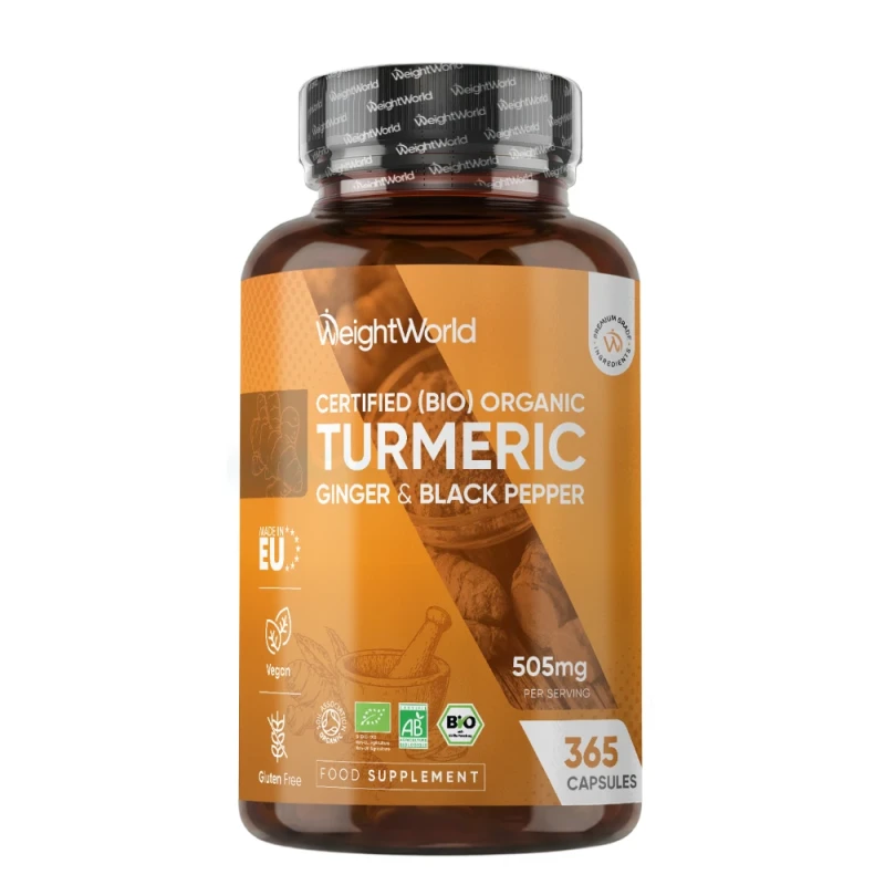 Turmeric with Ginger & Black Pepper - 505 mg 365 high strength Capsules - Organic Curcumin Supplement For Healthy Joints & Skin