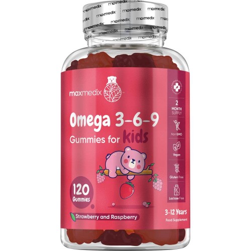 Vegan Omega 3-6-9 Gummies for Kids | Strawberry & Raspberry flavour | Brain & Vision Support | maxmedix