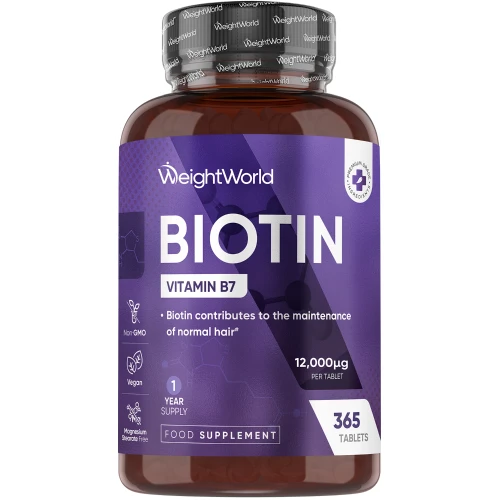 WeightWorld Biotin - 12,000mcg 365 Tablets with Vitamin B7 - For Thinning Hair, Healthy Skin, Nails - 1 Year Supply