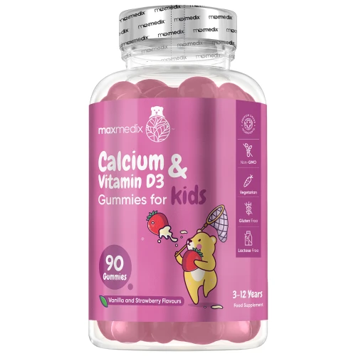 Calcium with Vitamin D3 | 90 Strawberry & Vanilla Gummies for Kids | maxmedix