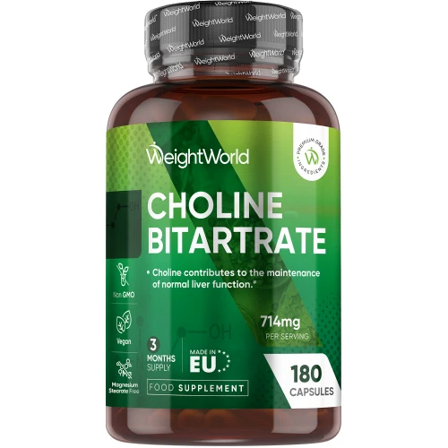 Choline Bitartrate - High Concentration 714mg 180 Capsules - 3 Month Supply - Supplement for Normal Liver Function
